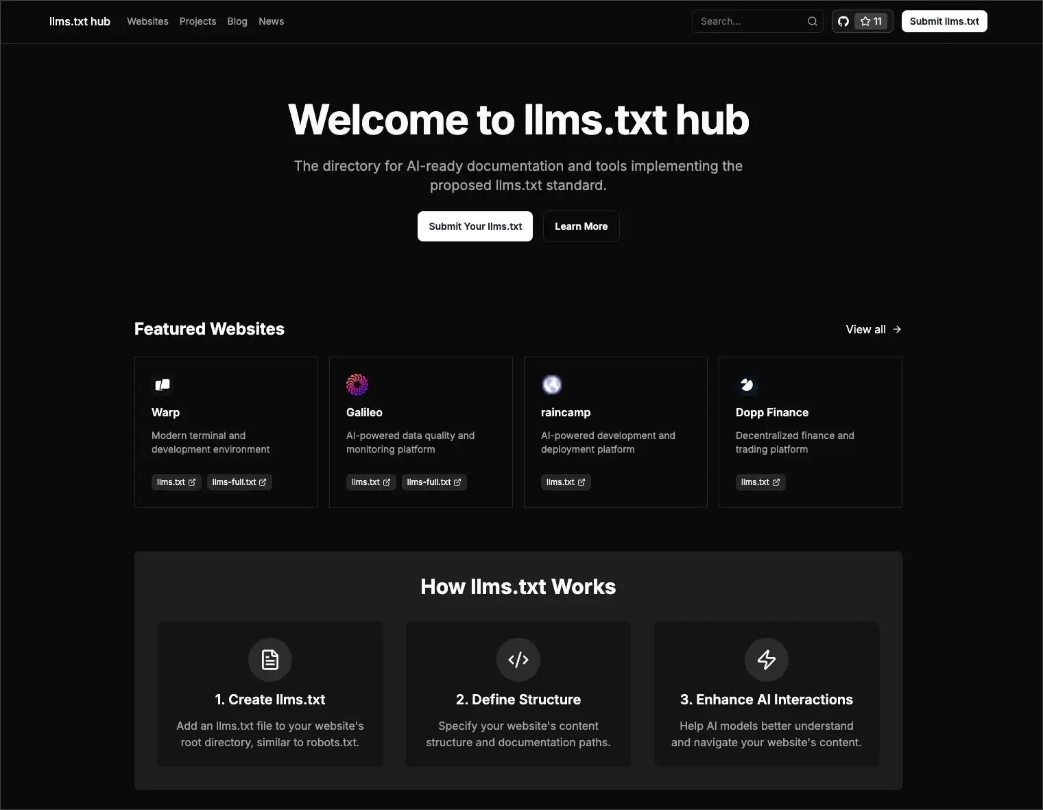 Screenshot of the llms.txt hub website showing a dark-themed interface with navigation menu, welcome message explaining the platform for AI-ready documentation, featured websites section (Warp, Galileo, raincamp, Dopp Finance), and a three-step guide explaining how the llms.txt standard works.